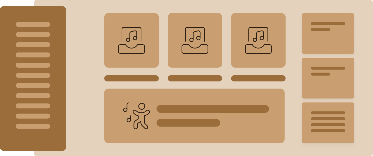 Illustration of a music streaming interface with a sidebar, album tiles and a now-playing banner