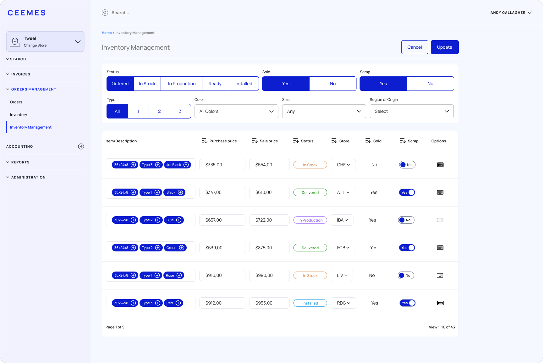 Store management system mockup